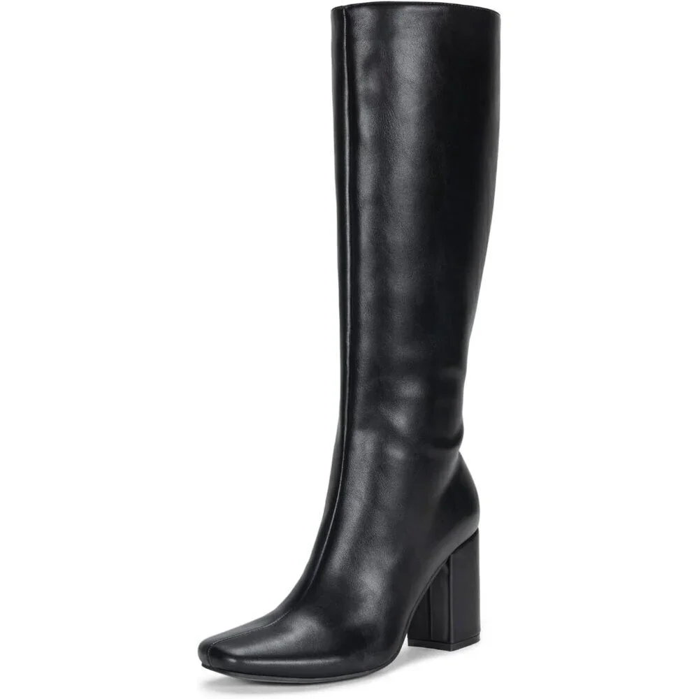 Women's Black Chunky Blocked Heel Squared Toe Long Boot Inside Zipper Tall Boots